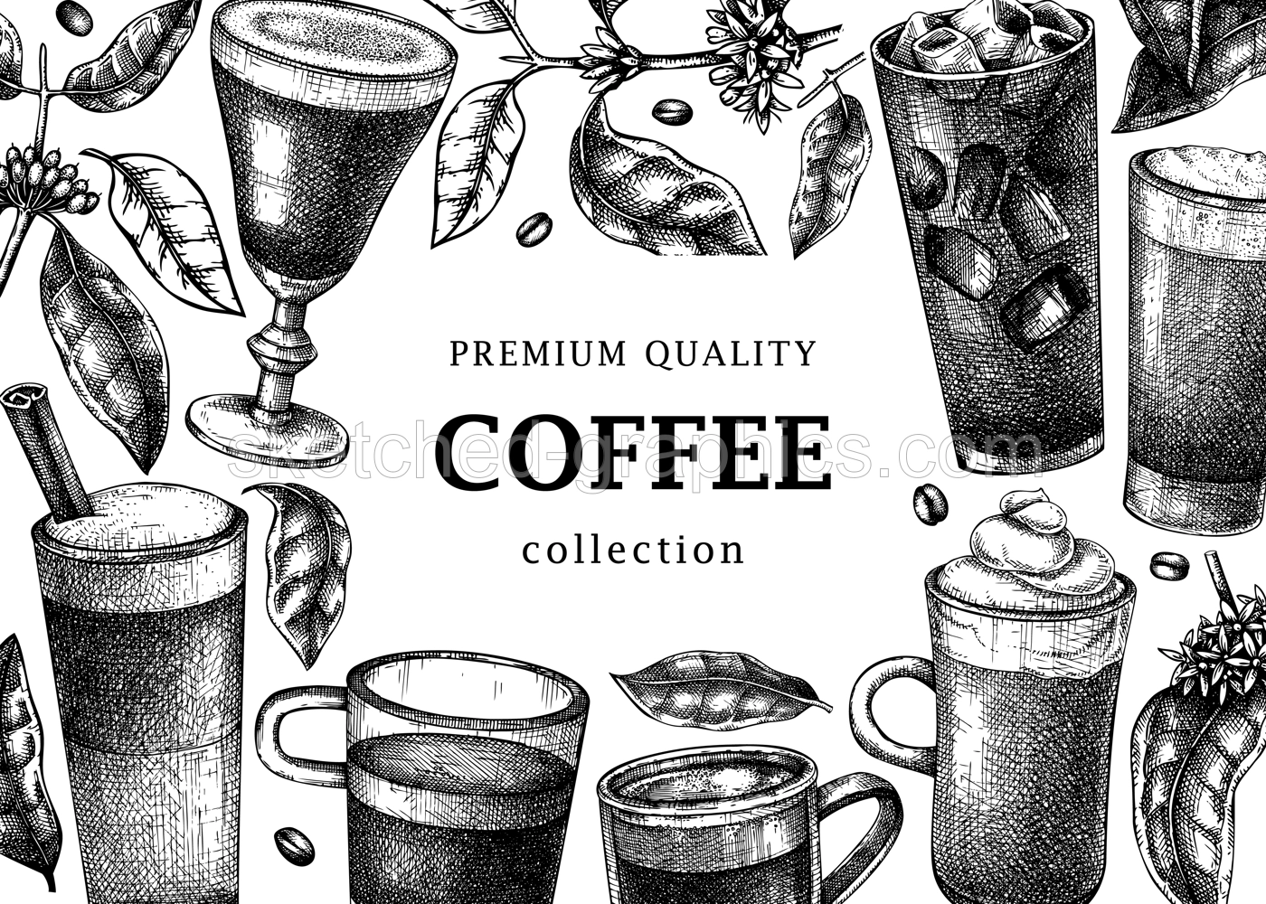 Hand-sketched coffee banner template. Vector sketches of mugs with aromatic caffeine drinks. With botanical coffee plants, leaves and beans in vintage style. Vector beverages design Illustration